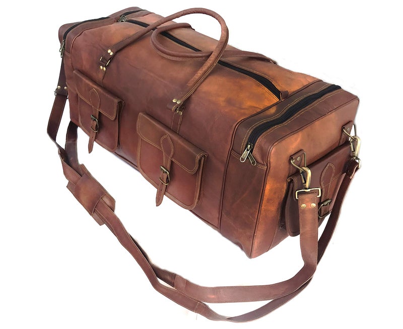 cuero KK's 30 Inch Real Goat Vintage Leather Large Travel Duffel Luggage Handmade, Gym, Hiking vintage brown Holdall Carry All Genuine Duffel Bag, Size 30" Inch - Image 1
